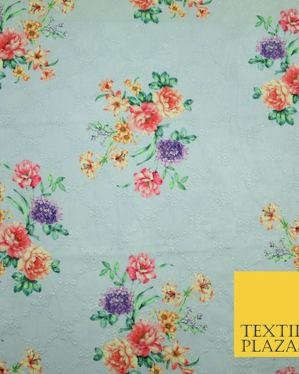 Aqua Grey Lattice Broderie Anglaise Floral 100% Cotton Lawn Print Dress Fabric