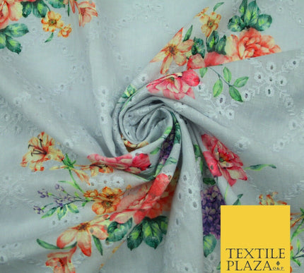 Aqua Grey Lattice Broderie Anglaise Floral 100% Cotton Lawn Print Dress Fabric