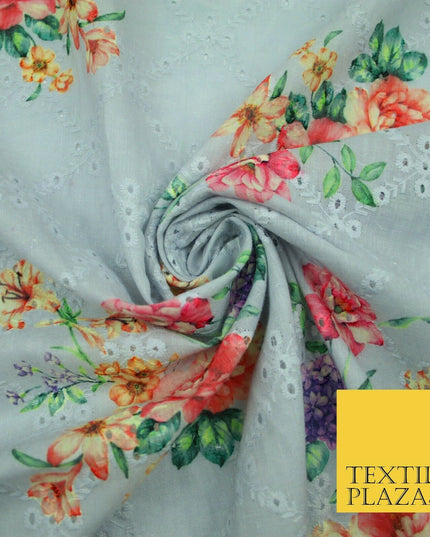 Aqua Grey Lattice Broderie Anglaise Floral 100% Cotton Lawn Print Dress Fabric