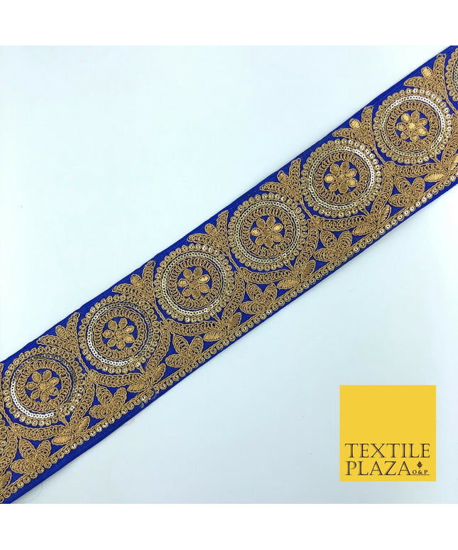 Royal Blue Ornate Fancy Flower Zari Sequin Trimming Border Indian Ethnic (X56)