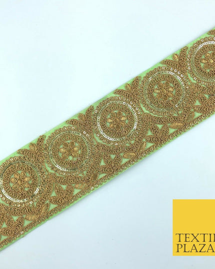 Apple Green Ornate Fancy Flower Zari Sequin Trimming Border Indian Ethnic (X57)