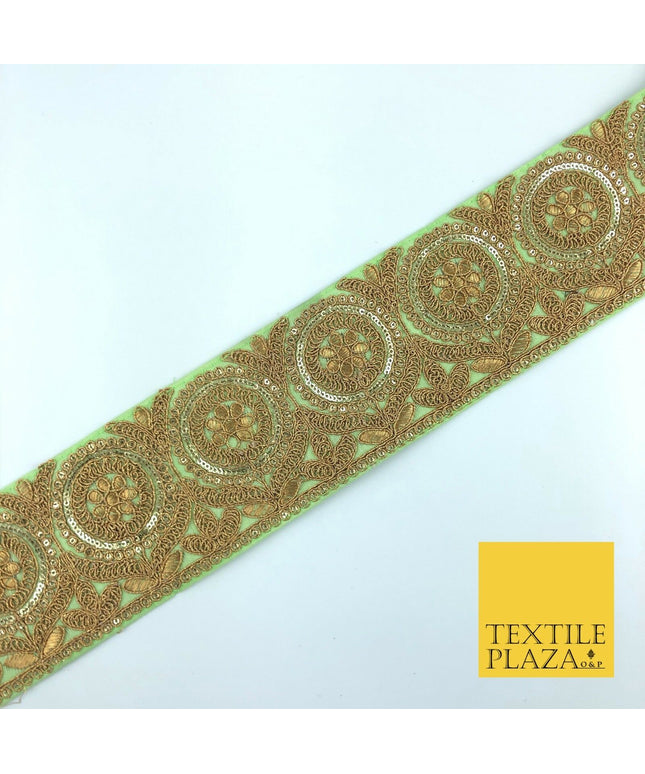 Apple Green Ornate Fancy Flower Zari Sequin Trimming Border Indian Ethnic (X57)