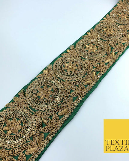 Deep Green Ornate Fancy Flower Zari Sequin Trimming Border Indian Ethnic (X61)