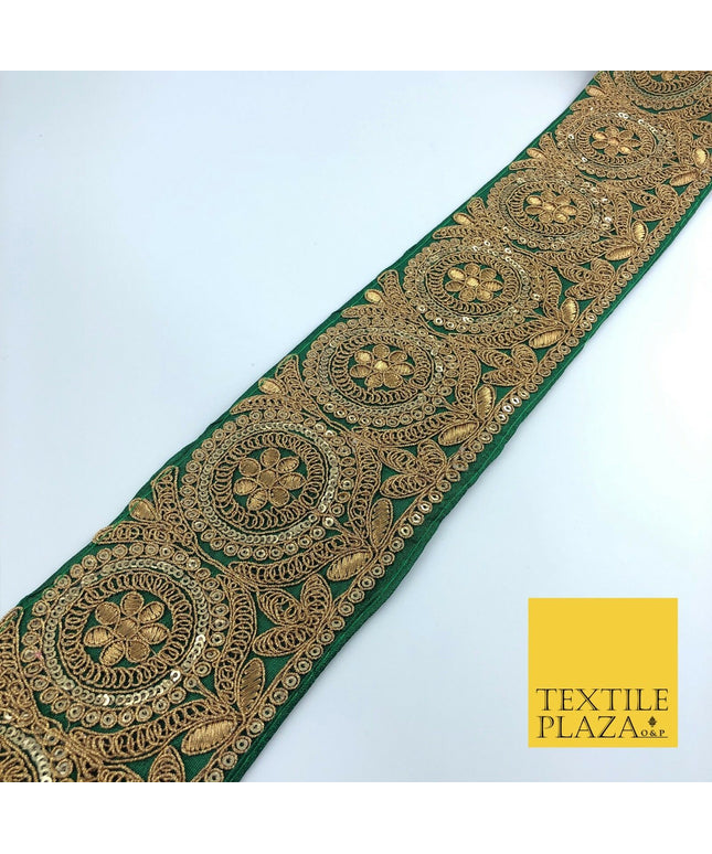 Deep Green Ornate Fancy Flower Zari Sequin Trimming Border Indian Ethnic (X61)