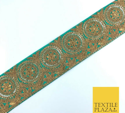 Jade Green Ornate Fancy Flower Zari Sequin Trimming Border Indian Ethnic (X63)
