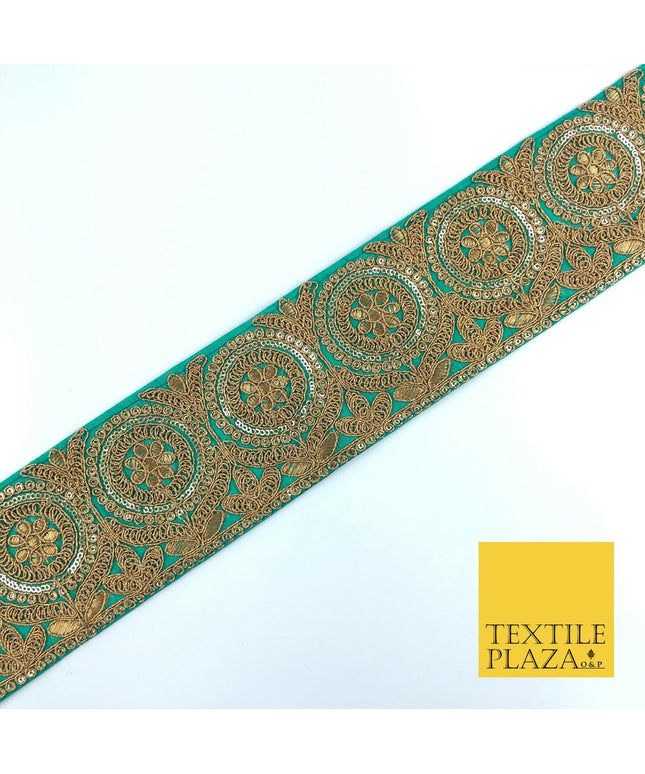 Jade Green Ornate Fancy Flower Zari Sequin Trimming Border Indian Ethnic (X63)