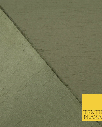 KHAKI GREEN Satin Backed Dupion SHANTUNG Raw Silk Fabric 100% Polyester 45" 1523