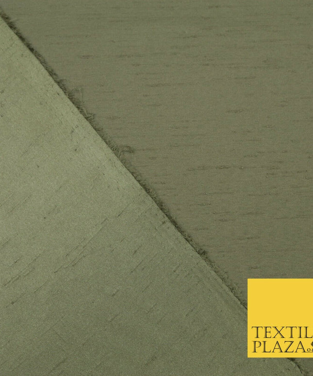 KHAKI GREEN Satin Backed Dupion SHANTUNG Raw Silk Fabric 100% Polyester 45" 1523