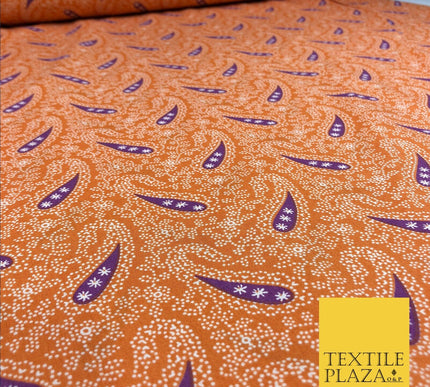 Orange Dotted Cotton Print Fabric with Purple Paisleys Dress Craft 55" FD789