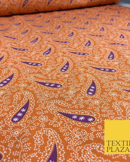 Orange Dotted Cotton Print Fabric with Purple Paisleys Dress Craft 55" FD789