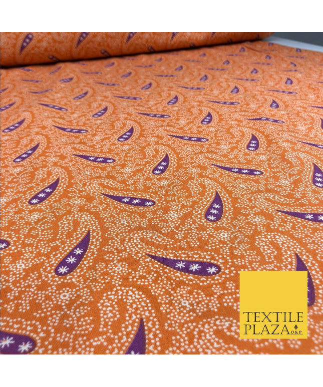 Orange Dotted Cotton Print Fabric with Purple Paisleys Dress Craft 55" FD789
