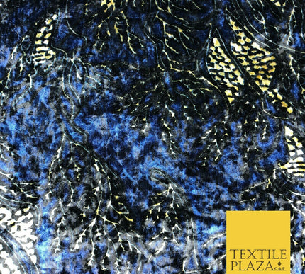 Blue Gold Abstract Branch Leaves Printed Soft Velvet Dress Fabric Craft Q1298