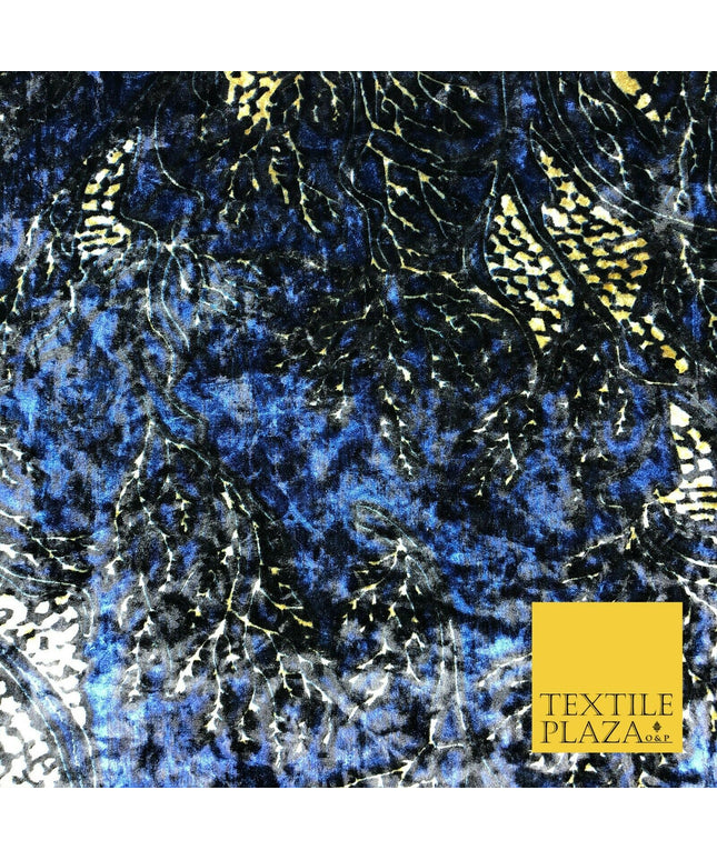 Blue Gold Abstract Branch Leaves Printed Soft Velvet Dress Fabric Craft Q1298