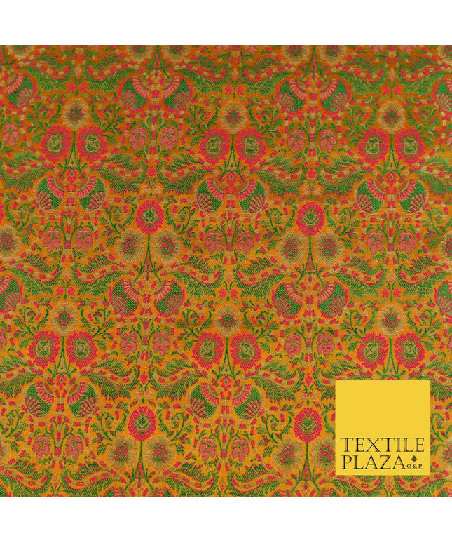 Mustard Luxury Intricate Floral PURE Benarsi Brocade Woven Dress FabricFancy1754