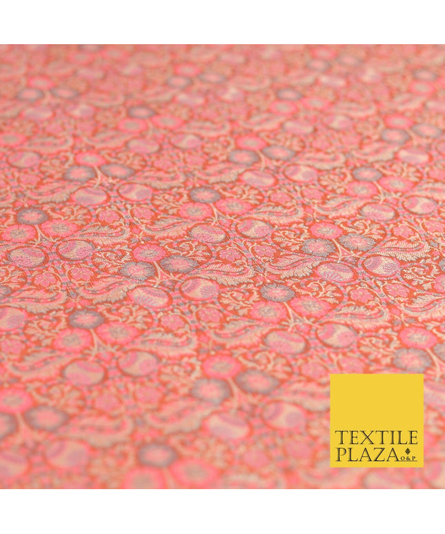 Peach Luxury Intricate Floral PURE Benarsi Brocade Woven Dress Fabric Fancy 1753