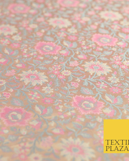 Pale Peach Luxury Flowers PURE Benarsi Brocade Woven Dress Fabric Fancy 1746
