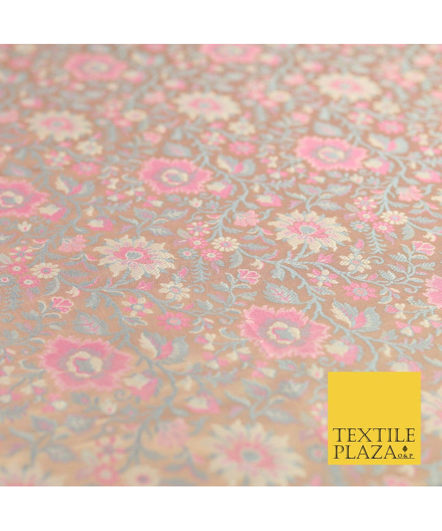 Pale Peach Luxury Flowers PURE Benarsi Brocade Woven Dress Fabric Fancy 1746
