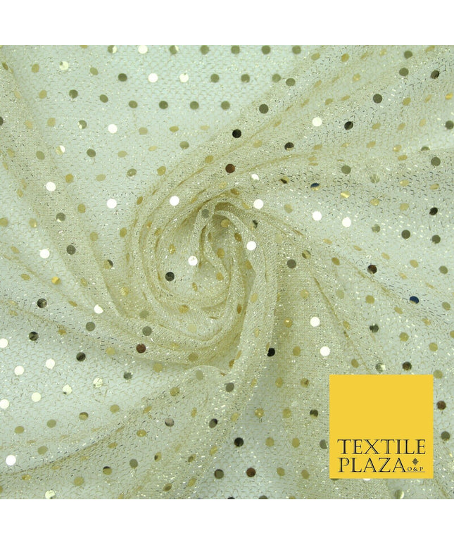 Cream Gold 4mm Sequin Hologram Stretch Fabric Sparkly Dress Dance Fancy 2253