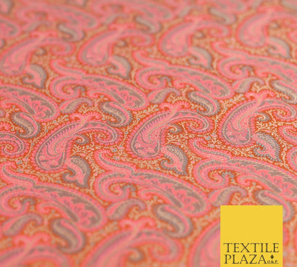 Orange Pink Luxury Paisleys PURE Benarsi Brocade Woven Dress Fabric Fancy 1749
