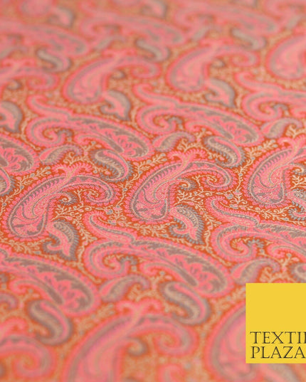 Orange Pink Luxury Paisleys PURE Benarsi Brocade Woven Dress Fabric Fancy 1749