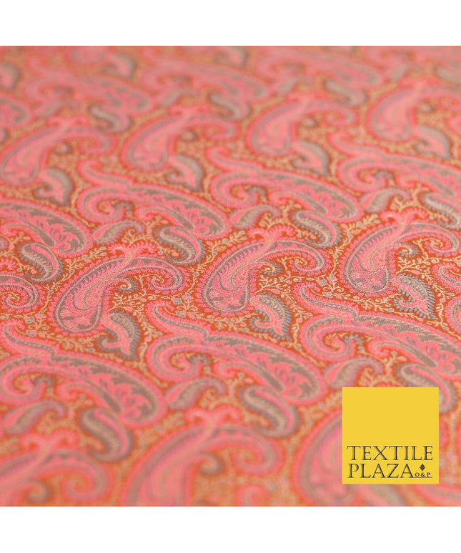 Orange Pink Luxury Paisleys PURE Benarsi Brocade Woven Dress Fabric Fancy 1749