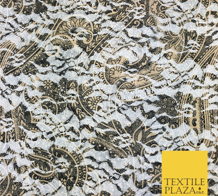 Large Paisley Print Black & Gold Net Lace Fabric Trendy Dress Fashion 45" GE834