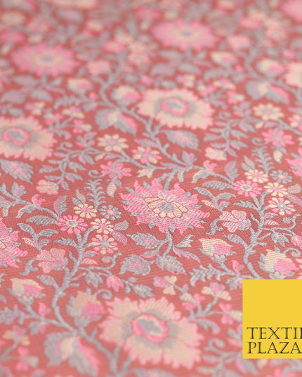 Dusty Pink Luxury Flowers PURE Benarsi Brocade Woven Dress Fabric Fancy 1748