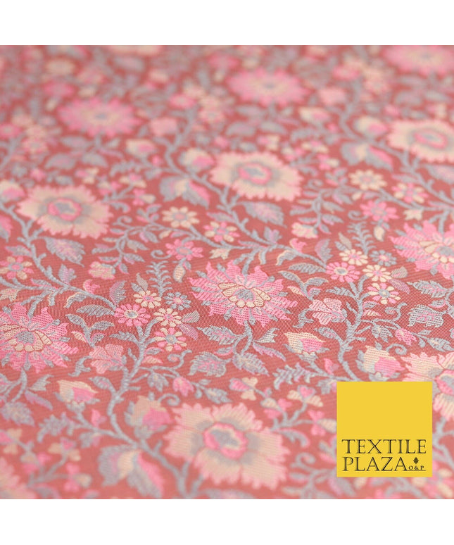 Dusty Pink Luxury Flowers PURE Benarsi Brocade Woven Dress Fabric Fancy 1748