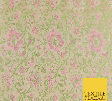 Gold Green Luxury Flowers PURE Benarsi Brocade Woven Dress Fabric Fancy 1747