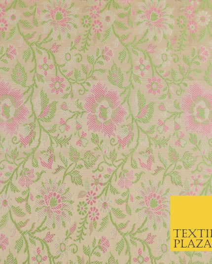Gold Green Luxury Flowers PURE Benarsi Brocade Woven Dress Fabric Fancy 1747