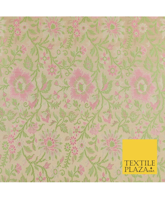Gold Green Luxury Flowers PURE Benarsi Brocade Woven Dress Fabric Fancy 1747