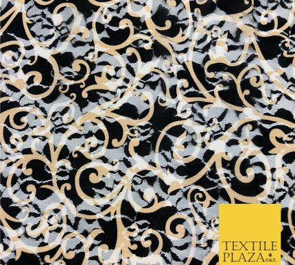 Intricate Swirl Black & Gold Net Lace Fabric Trendy Dress Fashion 45" GE836