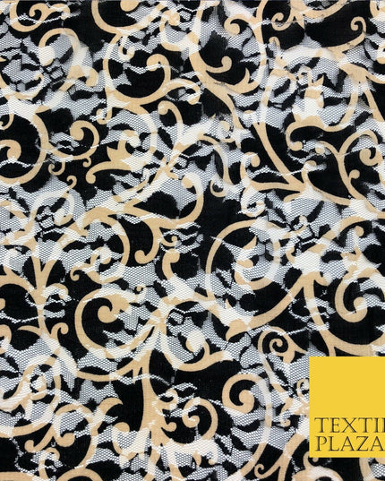Intricate Swirl Black & Gold Net Lace Fabric Trendy Dress Fashion 45" GE836