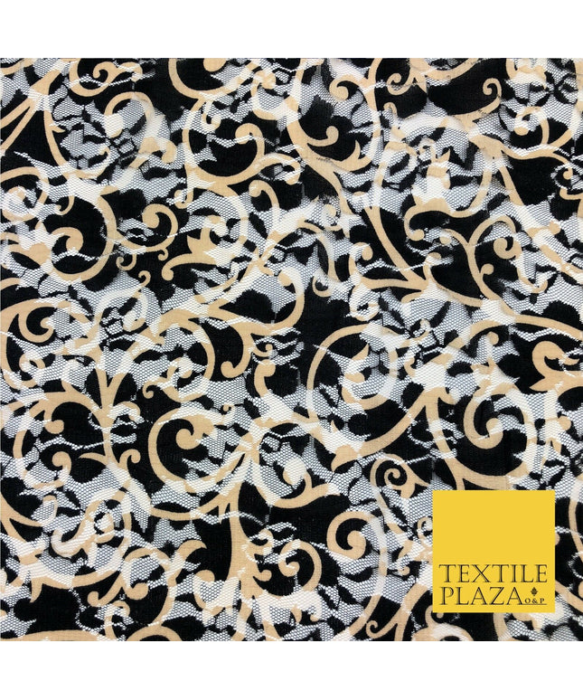 Intricate Swirl Black & Gold Net Lace Fabric Trendy Dress Fashion 45" GE836