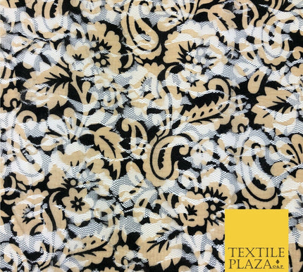 Paisley Floral Black & Gold Net Lace Fabric Trendy Dress Fashion 45" GE835