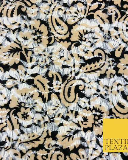 Paisley Floral Black & Gold Net Lace Fabric Trendy Dress Fashion 45" GE835