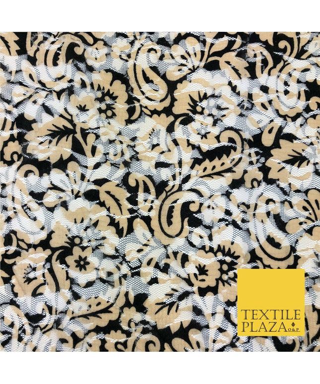 Paisley Floral Black & Gold Net Lace Fabric Trendy Dress Fashion 45" GE835