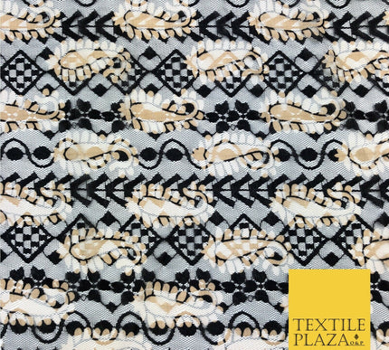 Paisley Geometric Black & Gold Net Lace Fabric Trendy Dress Fashion 45" GE833