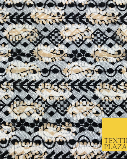 Paisley Geometric Black & Gold Net Lace Fabric Trendy Dress Fashion 45" GE833