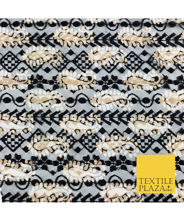 Paisley Geometric Black & Gold Net Lace Fabric Trendy Dress Fashion 45" GE833