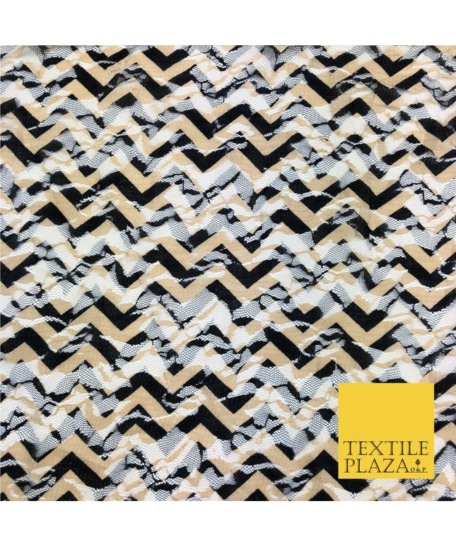 Zig Zag Geometric Black & Gold Net Lace Fabric Trendy Dress Fashion 45" GE832