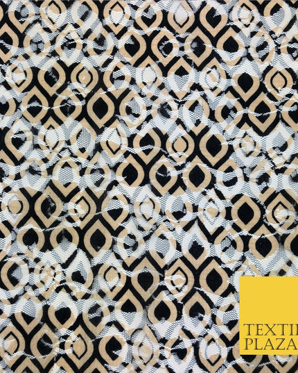 Retro Peardrop Geometric Black & Gold Net Lace Fabric Trendy Dress Fashion GE831