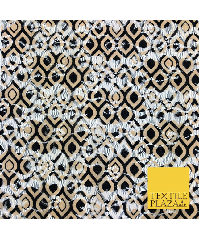 Retro Peardrop Geometric Black & Gold Net Lace Fabric Trendy Dress Fashion GE831