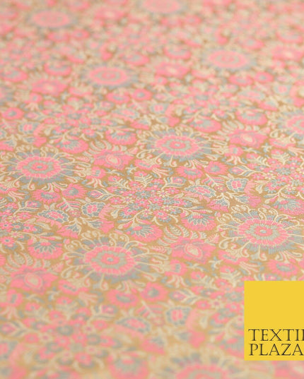 Light Gold Pink Luxury Flowers PURE Benarsi Brocade Woven Dress Fabric Fancy1744
