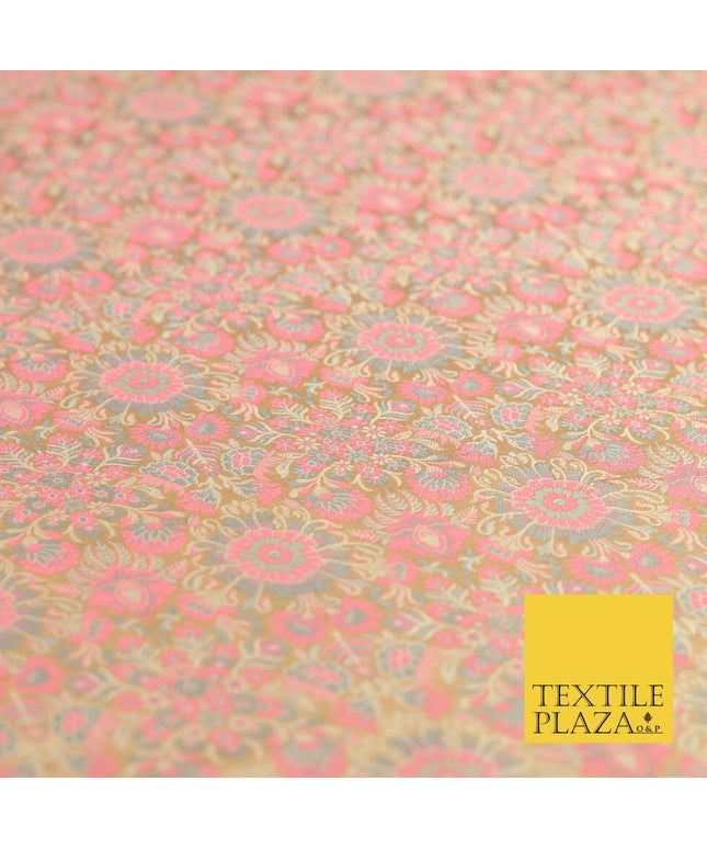 Light Gold Pink Luxury Flowers PURE Benarsi Brocade Woven Dress Fabric Fancy1744