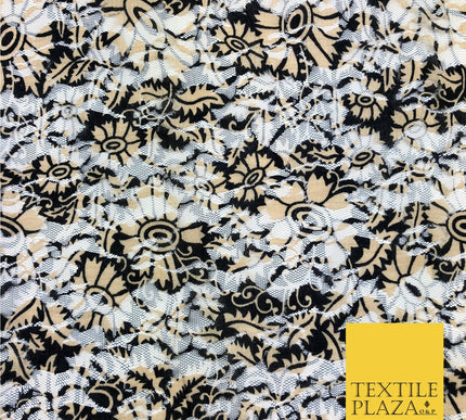 Floral Black & Gold Net Lace Fabric Trendy Dress Fashion 45" GE828