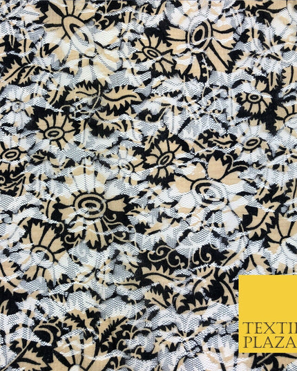 Floral Black & Gold Net Lace Fabric Trendy Dress Fashion 45" GE828