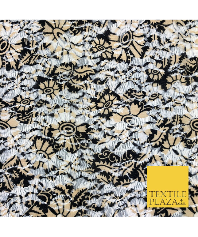 Floral Black & Gold Net Lace Fabric Trendy Dress Fashion 45" GE828