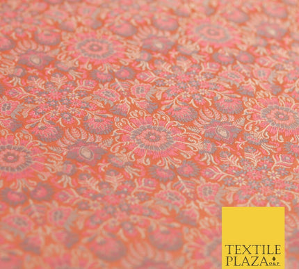 Carrot Pink Luxury Flowers PURE Benarsi Brocade Woven Dress Fabric Fancy 1742
