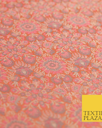 Carrot Pink Luxury Flowers PURE Benarsi Brocade Woven Dress Fabric Fancy 1742